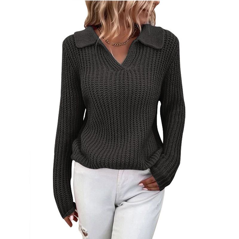 Women's autumn and winter new sweater lapel solid color slim crewneck knitted sweater_voghion.com