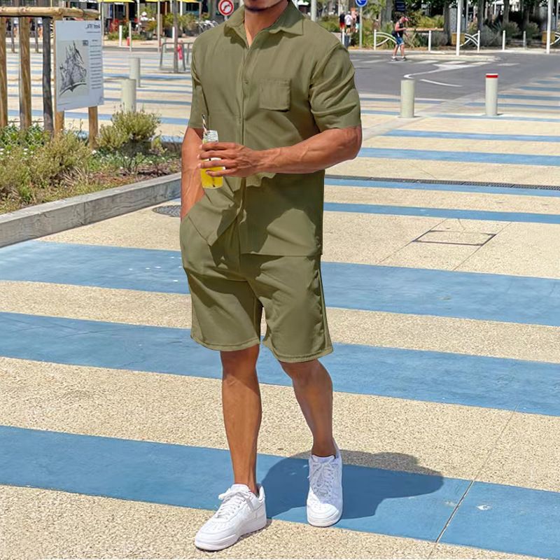 Abbigliamento maschile 2024 estate pantaloncini a maniche corte quattro lati elasticizzati abito sottile bavero ampio tinta unita abito da uomo_voghion.com