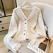 Women's Clothing Lace Stitching Sample Fashionable Elegant Lace Trim V-Neck Long Sleeve Cardigan Sweater For Women - Grey & Beige, One Size Fits All_voghion.com