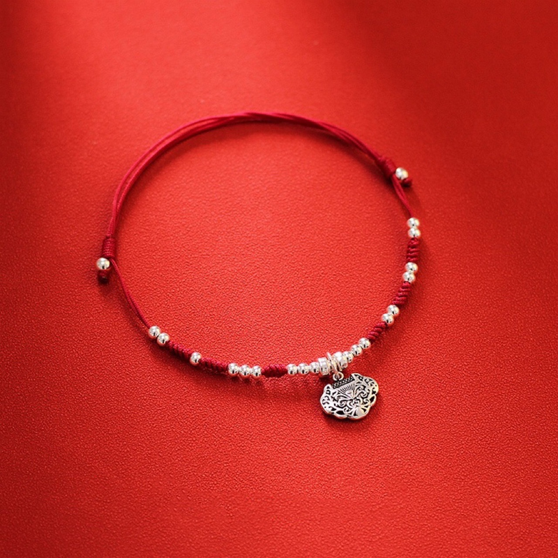 Cavigliera con lucchetto della pace in corda rossa intrecciata con anno zodiacale alla moda 2022 per donna, braccialetto carino in argento puro_voghion.com