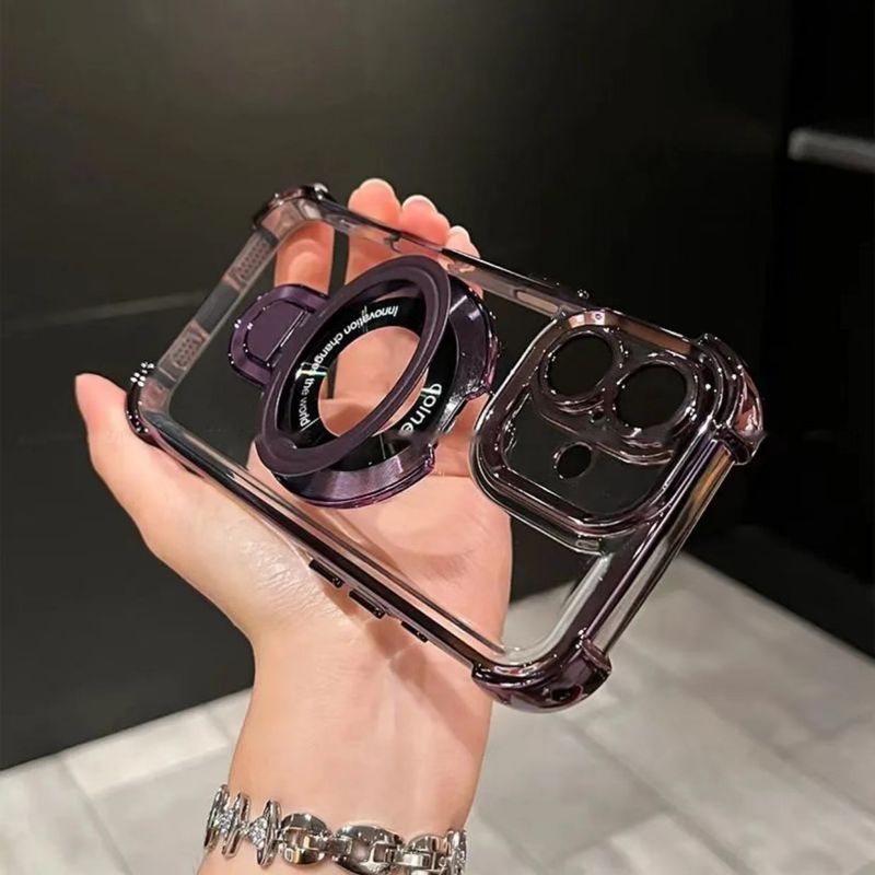 Electroplated Magnetic Stand Case For IPhone 16 Pro Max/15 Pro - 4-Corner Shockproof Transparent Cover With Built-in Kickstand​_voghion.com