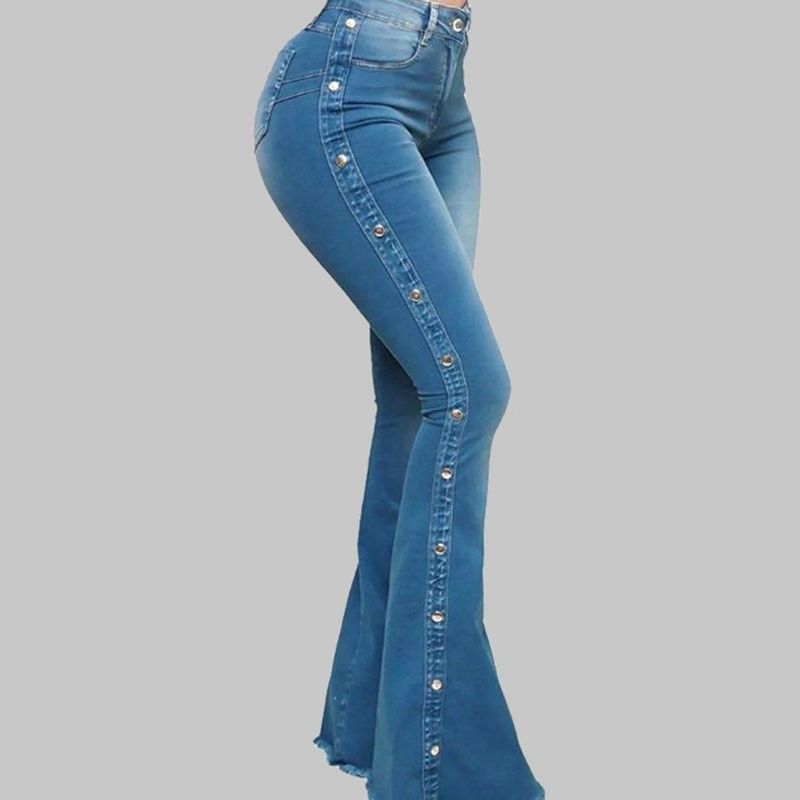 High waist elastic mop flared jeans ladies trousers_voghion.com