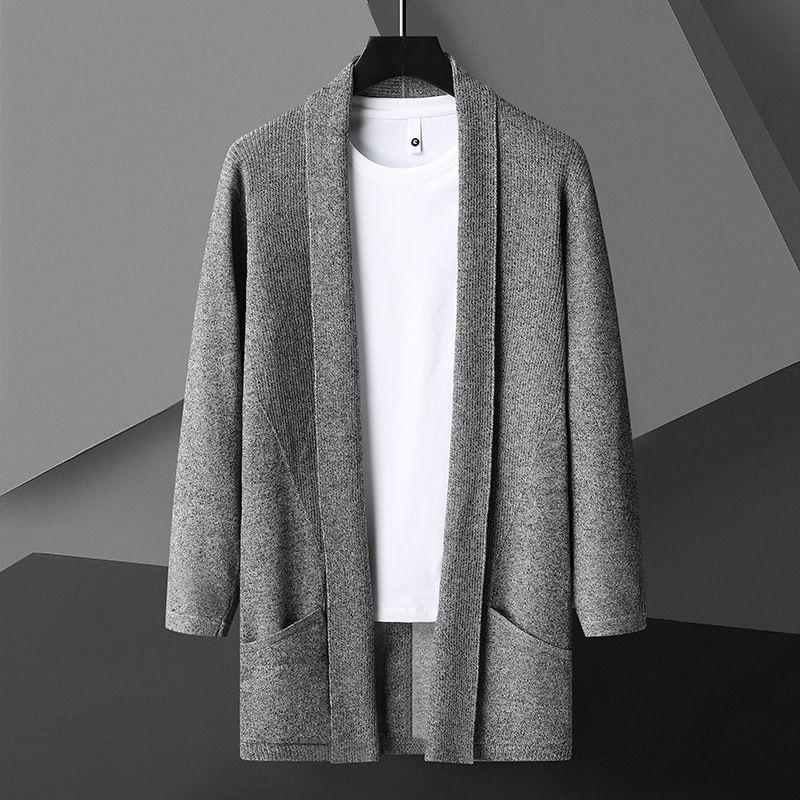 Slim-Fit Longline-Strickjacke für Herren, mittellanger Coatigan mit Umlegekragen, Nylon-Mischgewebe, gerippter Saum, einfarbig (Dunkelgrau/Schwarz)_voghion.com