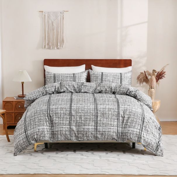 Gray Geometric Stripes Wood Grain Double Sided Printed Quilt Cover Duvet Cover Three Piece Set In Soft Polyester - Milled Velvet Texture_voghion.com