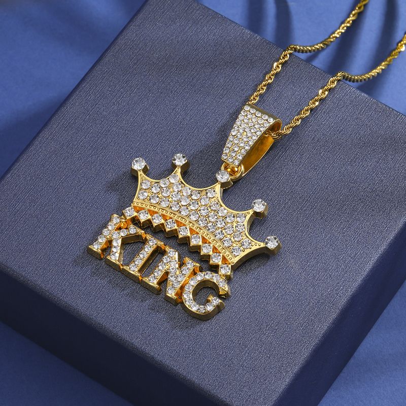 Herren-Schmuckset, modische Anhänger-Halsketten mit Diamanten, Krone, Buchstabe „KING“, Rap-Hip-Hop-Stil, kubanische Kette_voghion.com