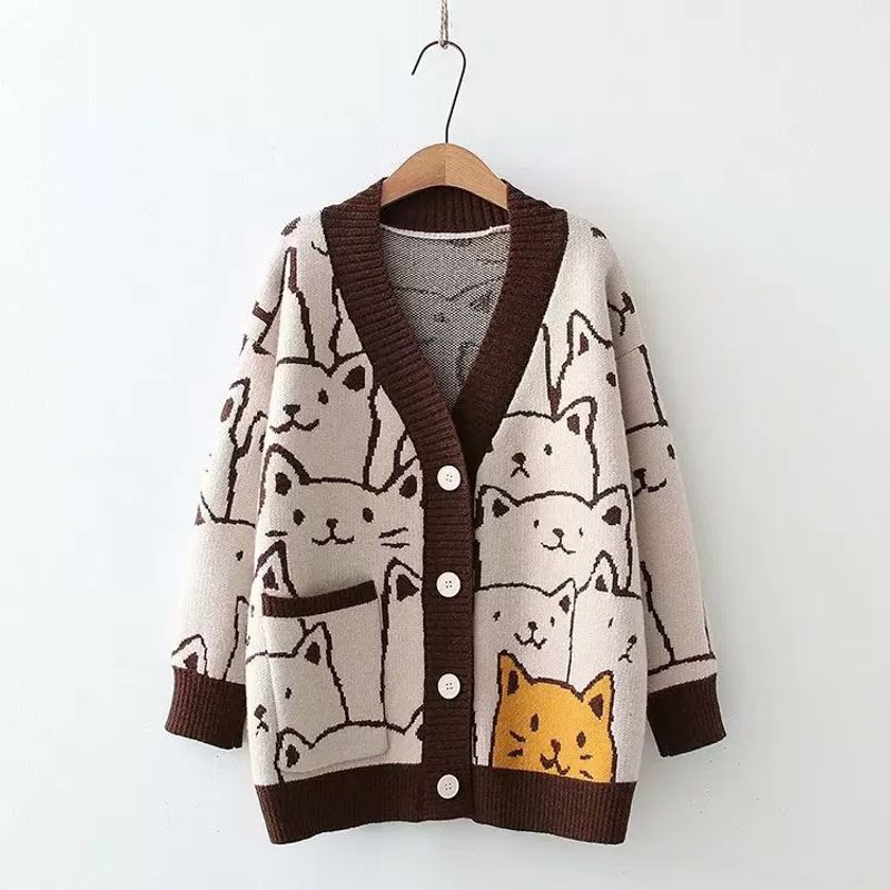 Women's Clothing Knitted cardigan jacket women's knitted sweater new bear jacquard loose lazy style sweater _voghion.com