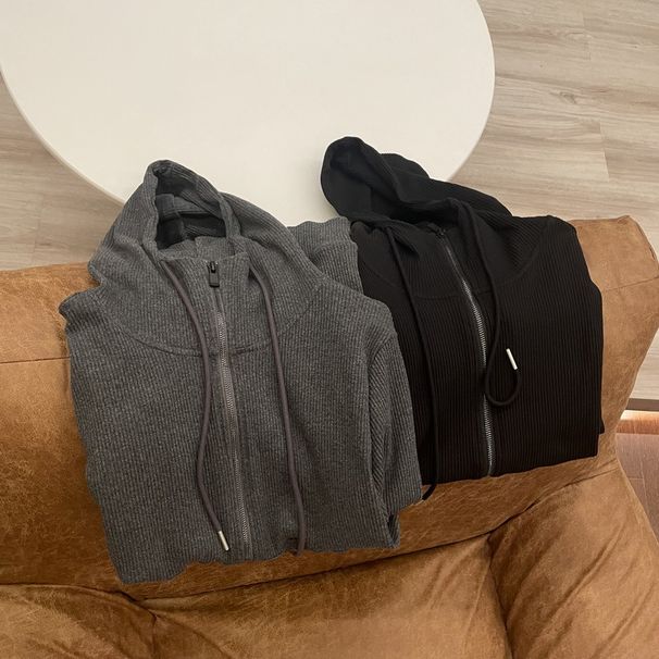 Felpa con cappuccio corta dimagrante con cerniera e motivo a strisce nere e grigie, stile americano/autunno_voghion.com