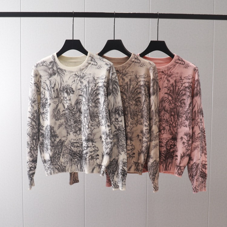 Women's jungle tiger print round neck pullover long-sleeved sweater base layer slim slim sweater_voghion.com