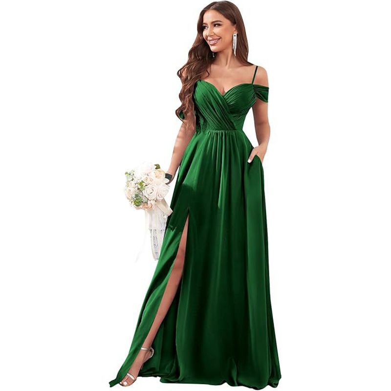 Elegantes schulterfreies Brautjungfernkleid, langes, formelles Abendkleid aus Chiffon mit Rüschen und Falten für Hochzeitsfeiern, Abschlussbälle und Black Tie-Events_voghion.com