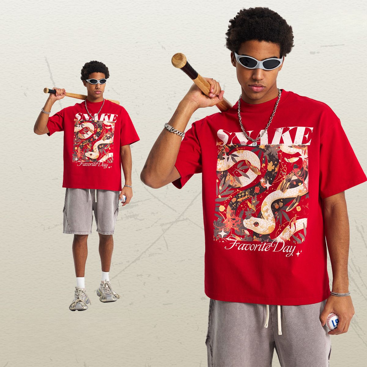 Glückverheißende Tierkreiszeichen mit Schlangenmotiv kombiniert mit bedrucktem Kurzarm-T-Shirt für Herren_voghion.com