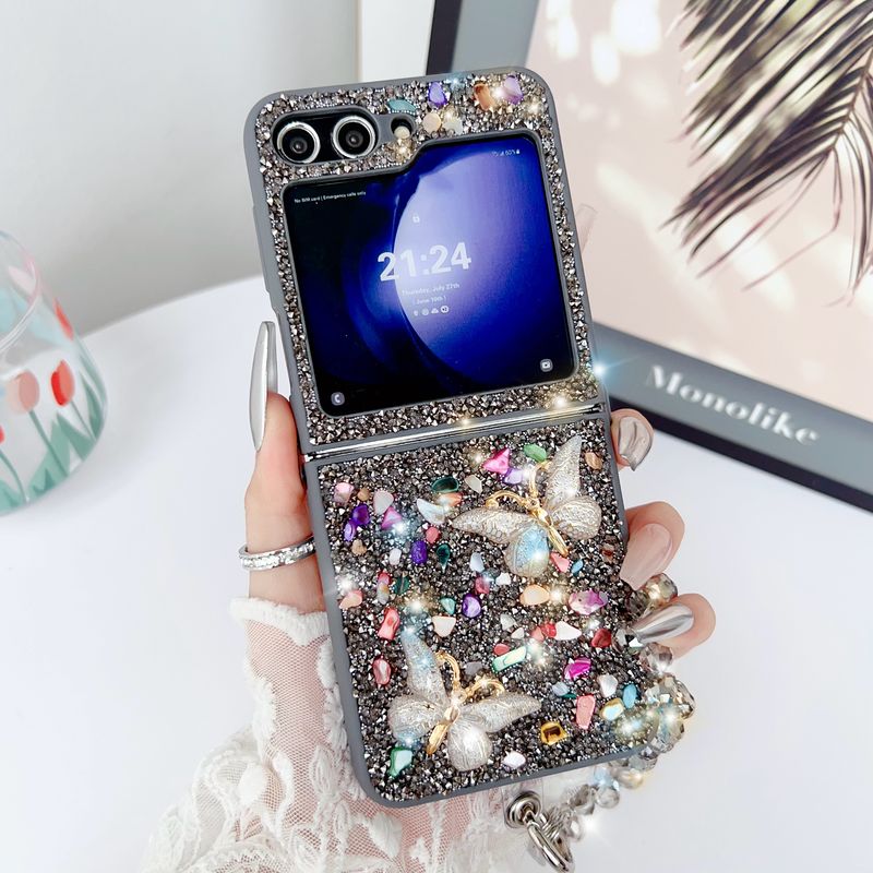Funda para teléfono Samsung Galaxy Z Flip 3 4 5 6, elegante, bonita, con cristales brillantes, piedras coloridas y mariposas_voghion.com