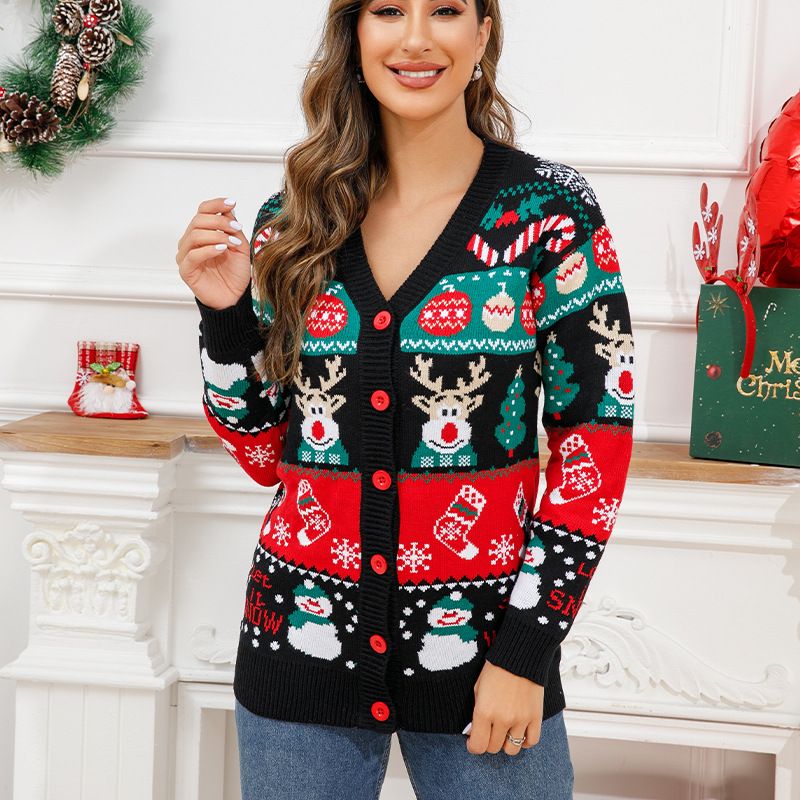 Cardigan lavorato a maglia monopetto sciolto a maniche lunghe invernale in jacquard da donna_voghion.com