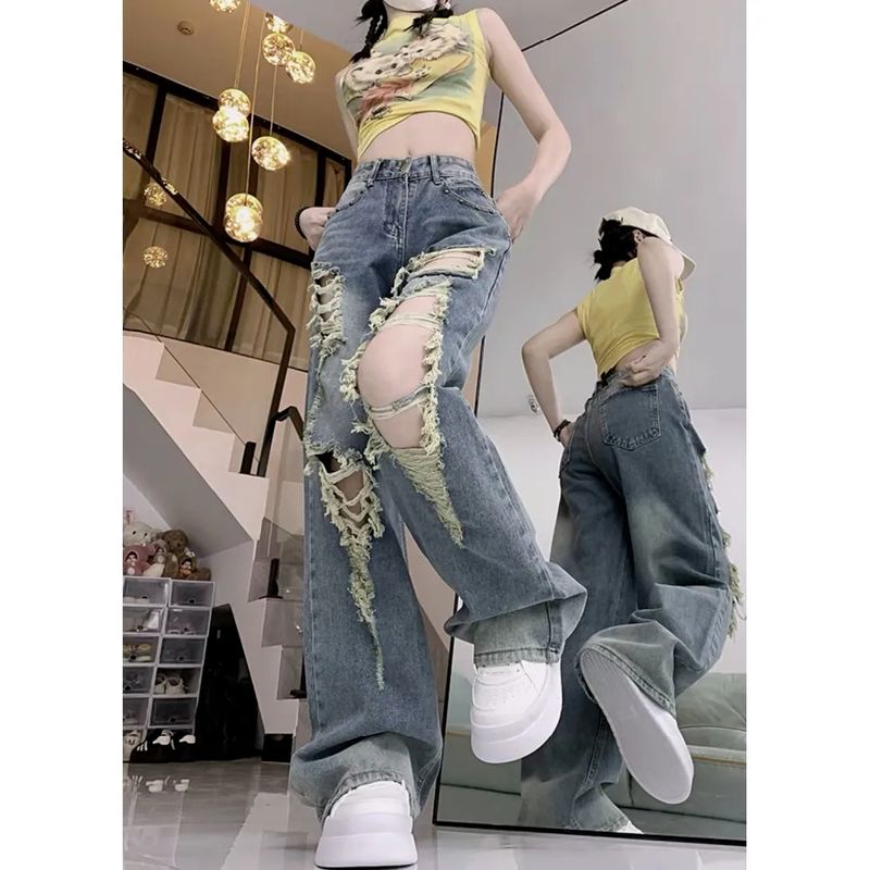 Women's clothing ripped jeans for women 2024 new summer high waist loose slim straight wide leg pants_voghion.com