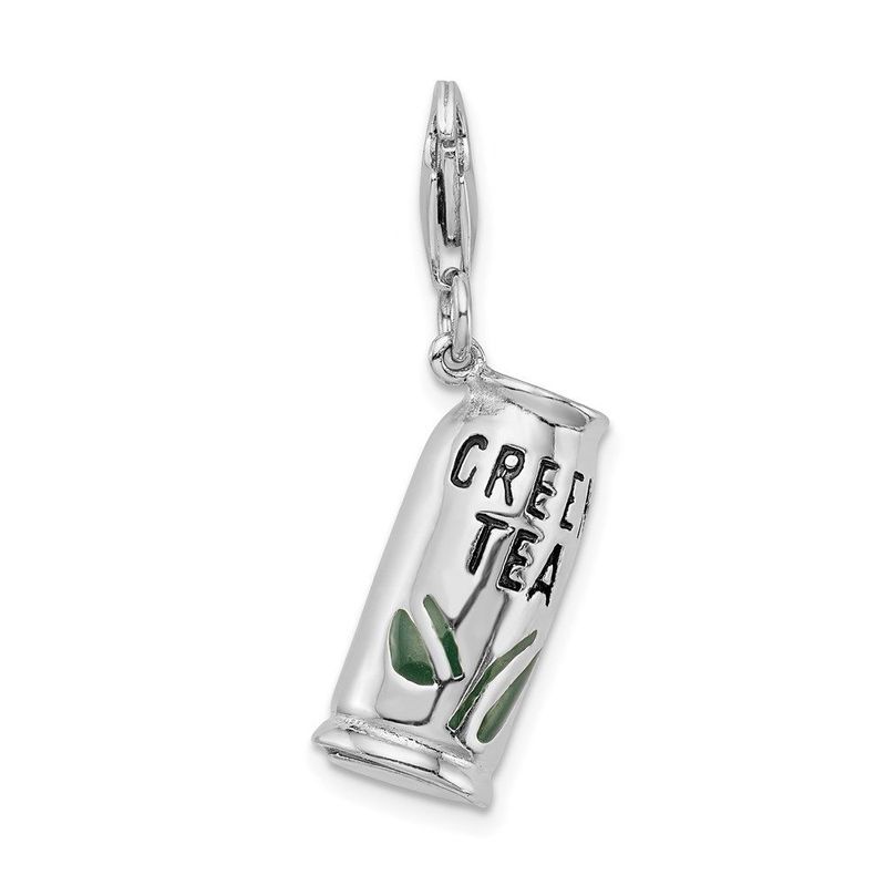 Amore La Vita Sterling Silver Rhodium-plated Polished 3-D Enameled Green Tea Beverage Charm With Fancy Lobster Clasp_voghion.com