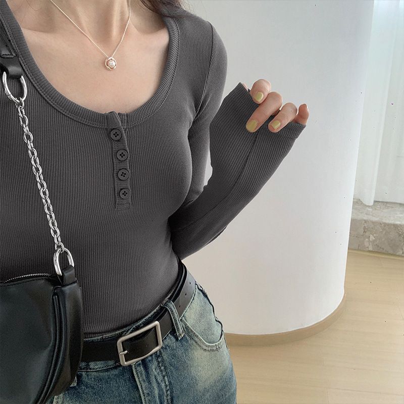 Camicia a maniche lunghe con bottoni infilati ad alta elasticità Selected Autunno 2025, nuova maglietta a maniche lunghe con spalle scoperte per donna, vestibilità slim_voghion.com