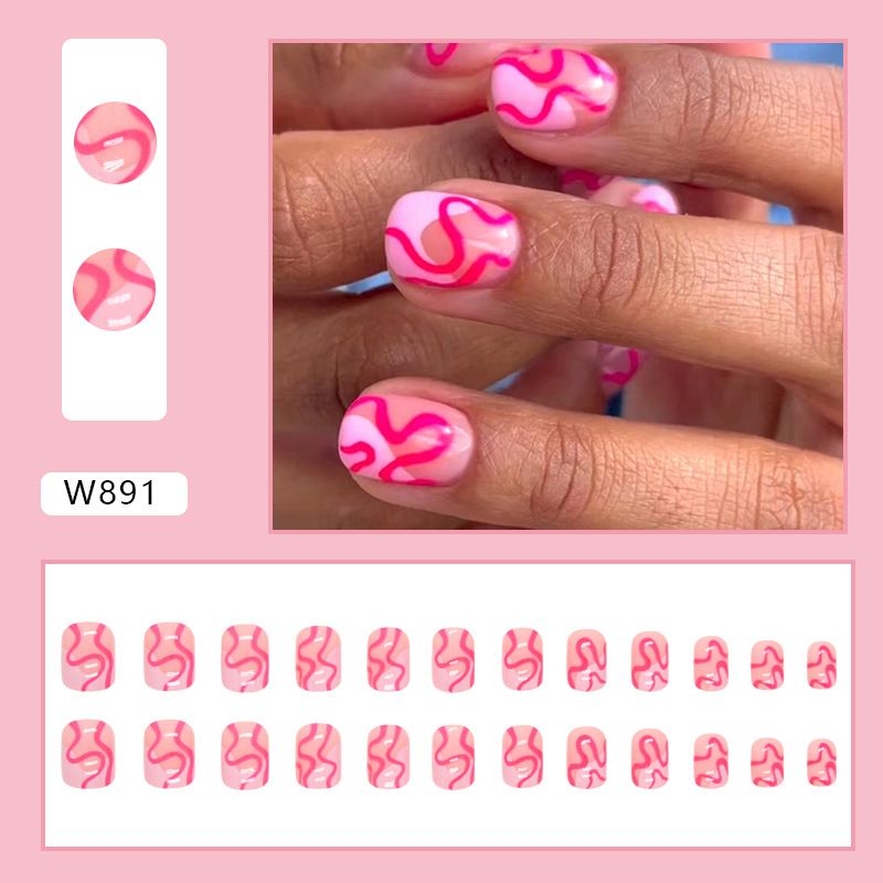 Nails Art Kurze rosa und weiße Kurve Maniküre unregelmäßige gewellte Mädchen rosa Ins Stil Nägel für Frauen_voghion.com