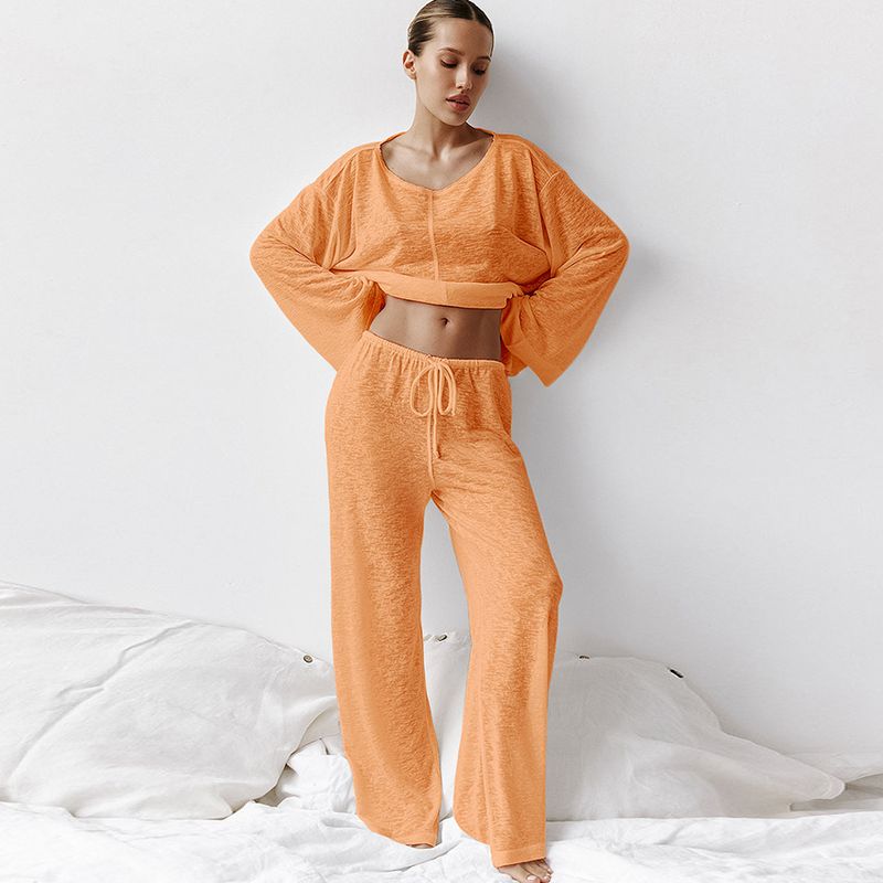 Sexy Moud gestrickte wäiss Ronn Hals Laangärm Pyjama Hosen Kostüm Auslandshandel mëll hautfrëndlech Heemkleeder fir Fraen_voghion.com