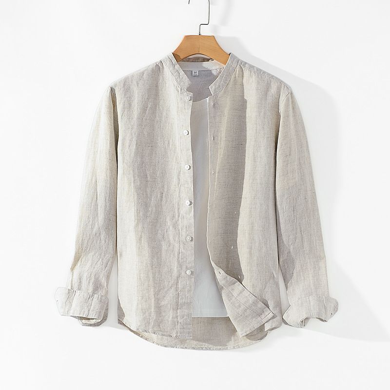 Men's Clothing Spring And Summer Linen Men's Clothing, Casual Stand Up Collar Linen Shirt, Loose And Breathable Long Sleeved Top, Comfortable B001_voghion.com