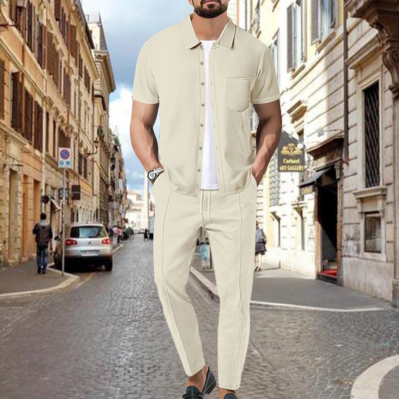 Herren-Sets, Hemden, Einreiher, Blusen, Langarm, Freizeithemd, Knöchellänge, gerade Hose, solide Taschen, Sommerknopf_voghion.com