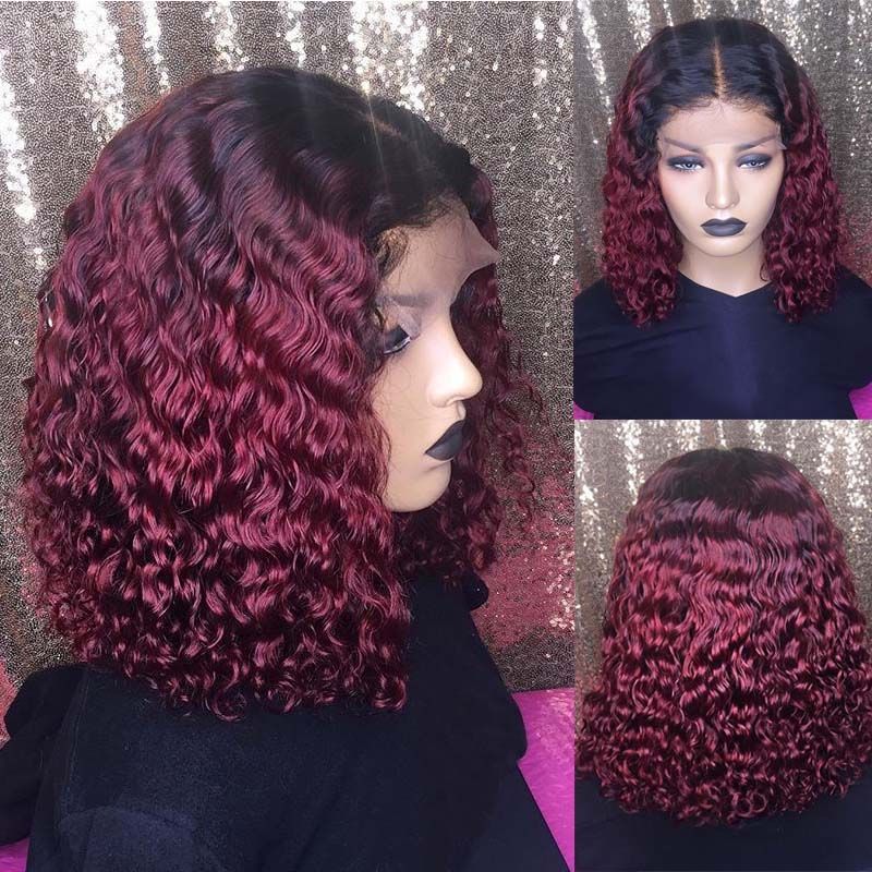 1B#/99J# T-Color Syvä jako Kihara Bob Peruukit Hiukset 150 % Tiheys Paksu Ombre Kihara Pitsi Edessä Peruukit Hiukset_voghion.com