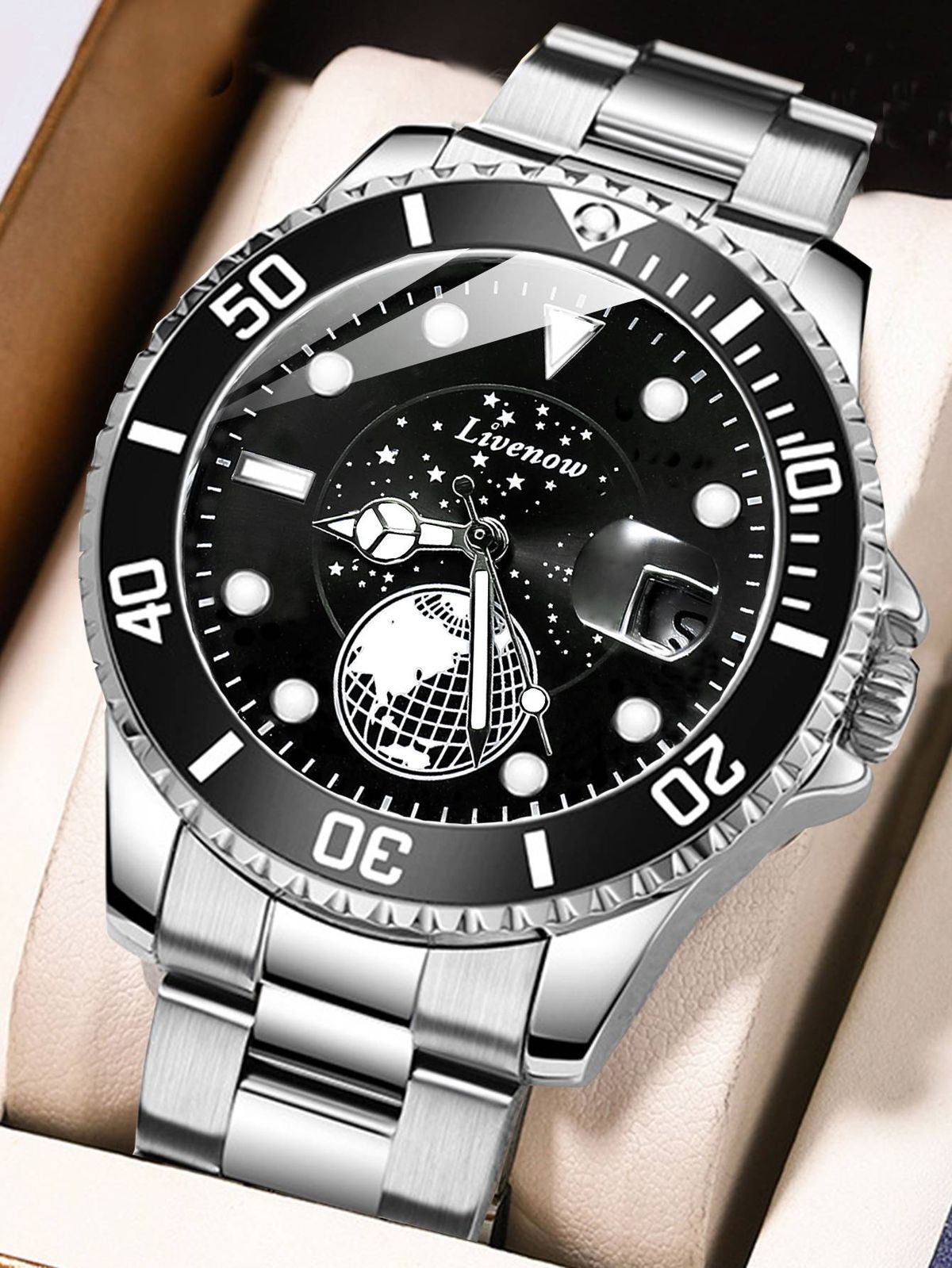 Orologi al quarzo da uomo con data, cielo stellato e terra, orologio da uomo con quadrante girevole in acciaio inossidabile, regali per il Ringraziamento e Natale_voghion.com