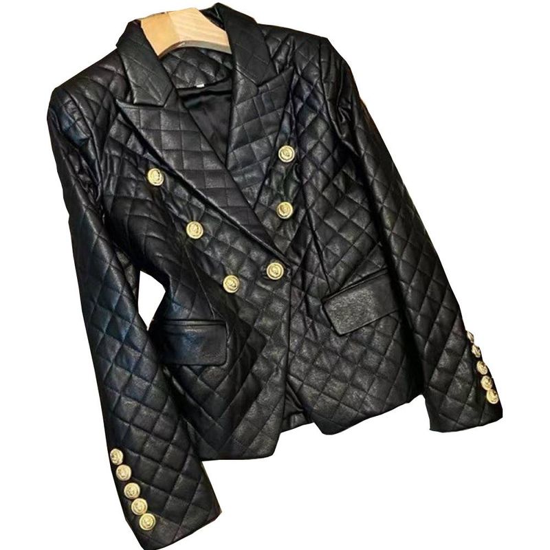 Women's Clothing Black short shoulder pads small casual suit leather jacket suit jacket female pu leather jacket female jacket _voghion.com
