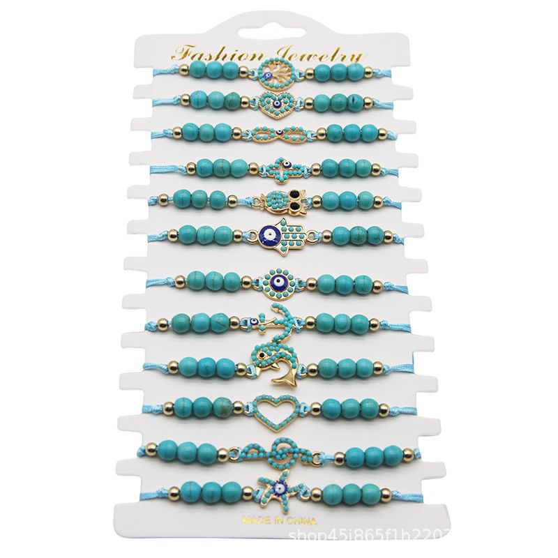 Gewebtes Armband mit türkisfarbenem Auge und Perlenlegierung, eingelegt, verstellbare Kordel_voghion.com