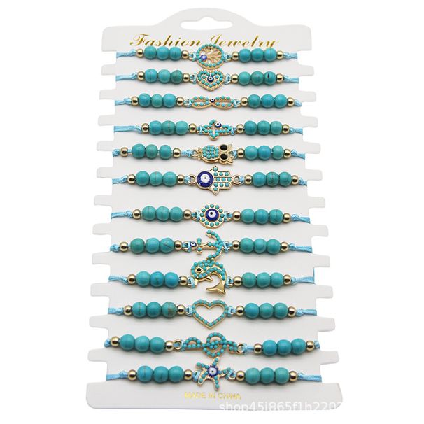 Gewebtes Armband mit türkisfarbenem Auge und Perlenlegierung, eingelegt, verstellbare Kordel_voghion.com