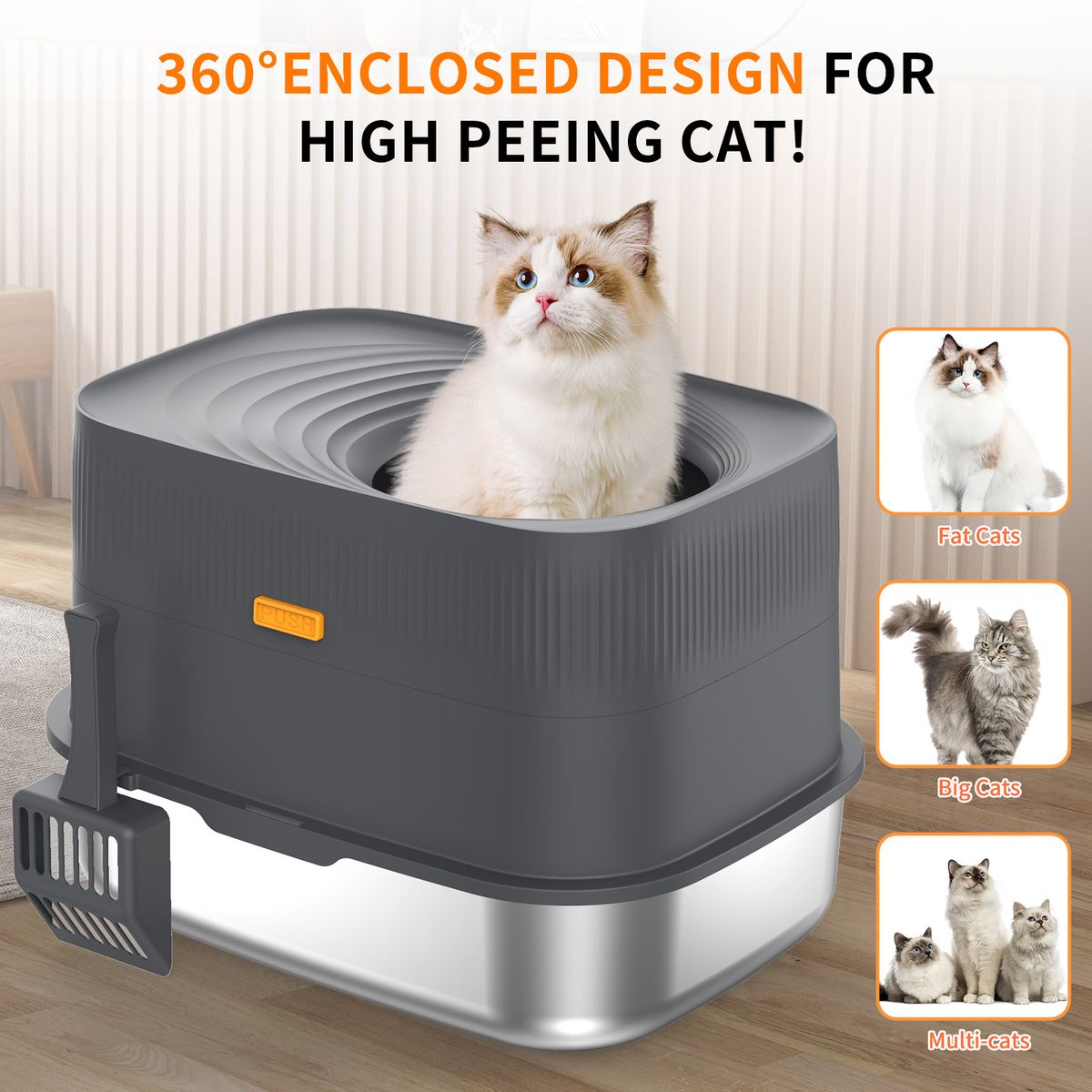 Caixa de areia grande para gatos de aço inoxidável com entrada superior, totalmente fechada e à prova de odores_voghion.com