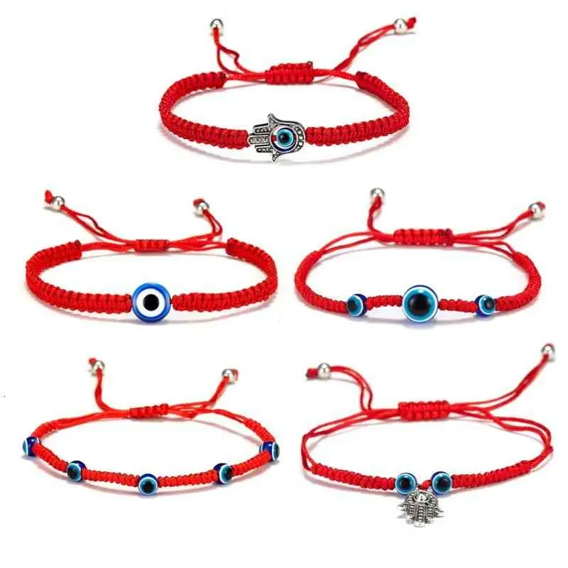 5-teiliges türkisches Armband-Set mit bösem Blick und Glücksbringer, Kabbala, rote Schnur, verstellbare blaue Perlen, Glücksschmuck, Unisex_voghion.com