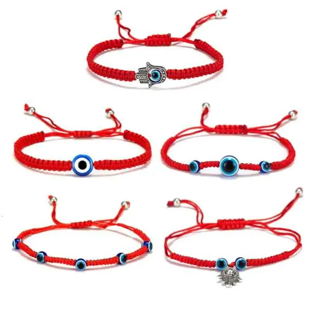 5-teiliges türkisches Armband-Set mit bösem Blick und Glücksbringer, Kabbala, rote Schnur, verstellbare blaue Perlen, Glücksschmuck, Unisex_voghion.com