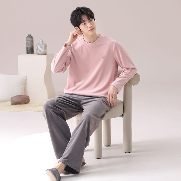 Pigiama da uomo in pile corallo autunno e inverno New Island Fleece Set in pile sottile invernale rosa Abbigliamento da casa per ragazzi Inverno_voghion.com