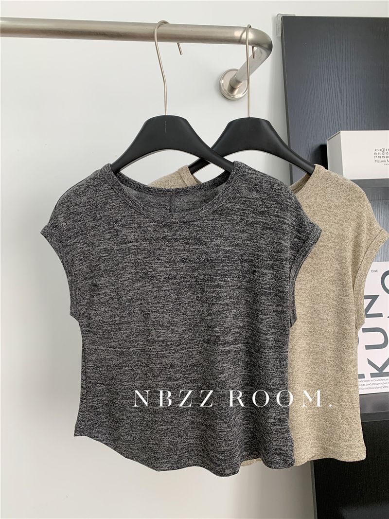 T-shirt à manches courtes en tricot, col rond, épaules dénudées, style décontracté, simple, pour femme, tendance et amincissante, été 2025_voghion.com