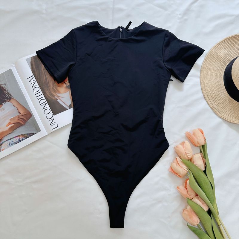 Women's Clothing Round Neck Versatile Crotch T Shirt Bottoming Shirt Rear Zipper Design Slim Fit One Piece Short Sleeved Top_voghion.com