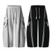 Graue Tanzhose mit weitem Bein für Herren mit großen Taschen und Streifendesign – Gerade geschnittene Jogginghose für Streetwear und Freizeitkleidung_voghion.com