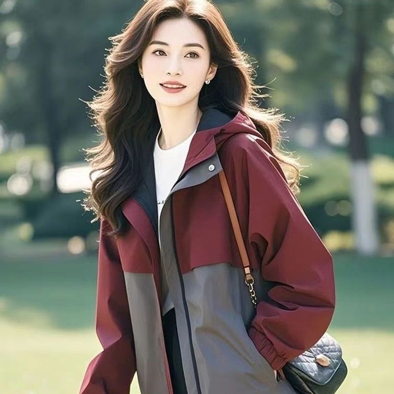 Casual Patchwork Hooded Jacket For Women, Spring And Autumn 2025 New Loose Plus Size Fashionable Outerwear_voghion.com