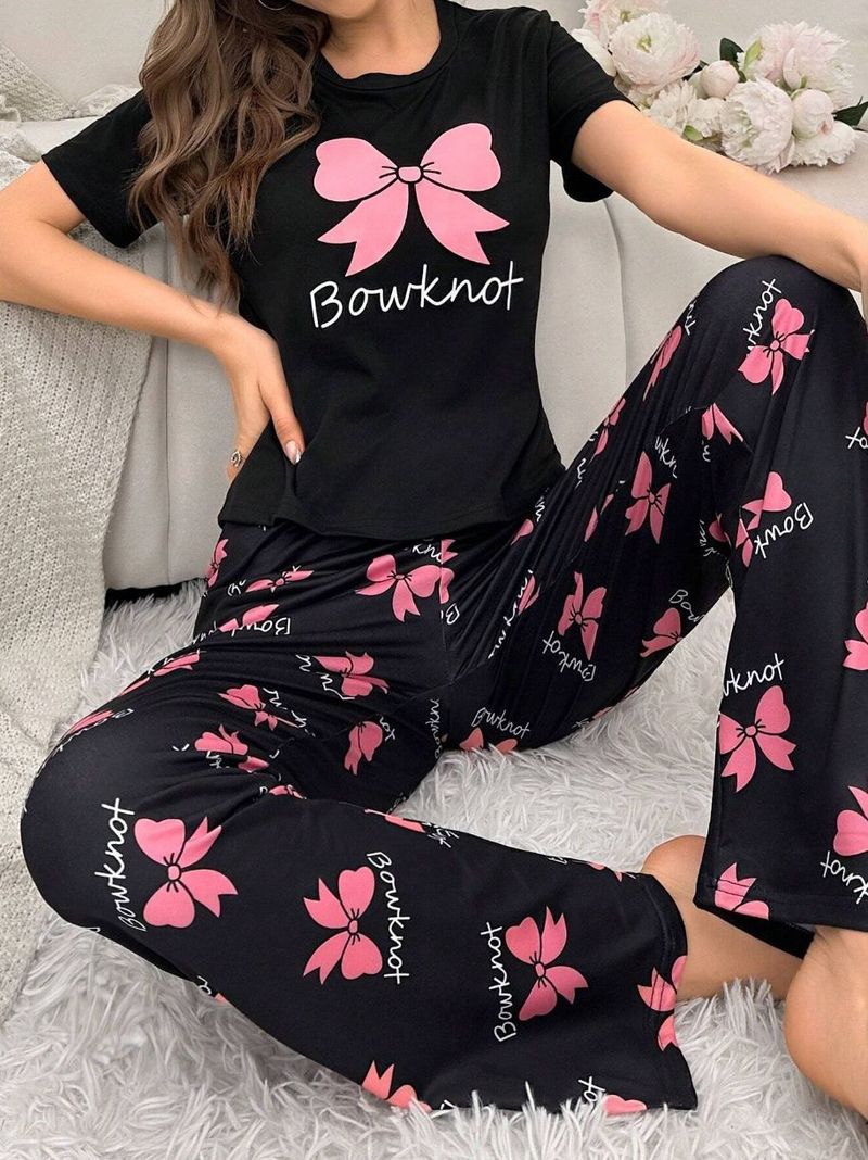 Women's Sleepwears Home Clothes Pajamas Round Neck Printed Short Sleeved T Shirt Top And Trousers Set Two Piece Set New_voghion.com