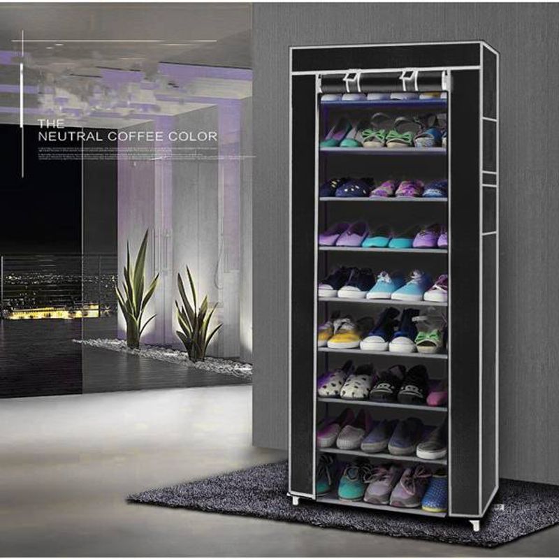 Room-saving 10-Layers 9 Lattices Non-woven Fabric Shoe Rack Black_voghion.com