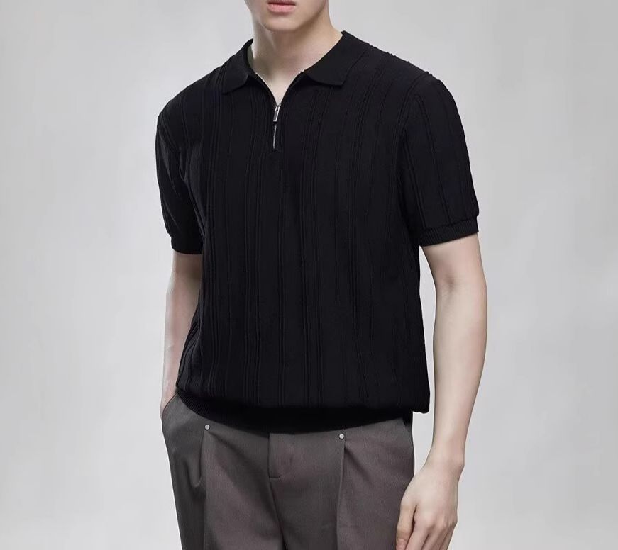 Polo da uomo a maniche corte, stile retrò, con mezza cerniera, in maglia, stile vintage, di alta qualità, con risvolto e texture a trama fitta._voghion.com