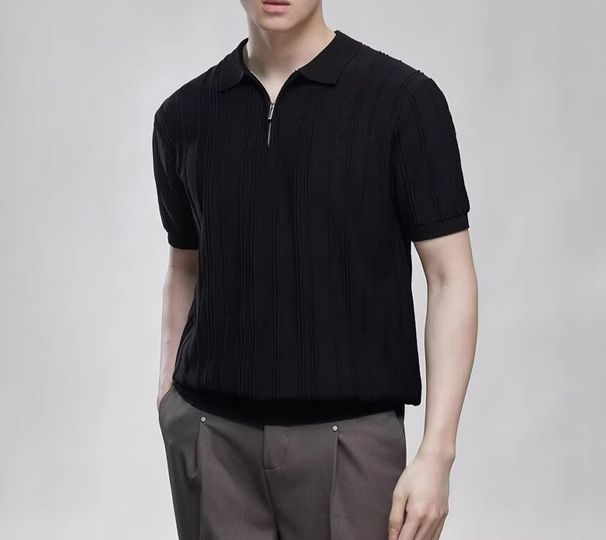 Polo da uomo a maniche corte, stile retrò, con mezza cerniera, in maglia, stile vintage, di alta qualità, con risvolto e texture a trama fitta._voghion.com