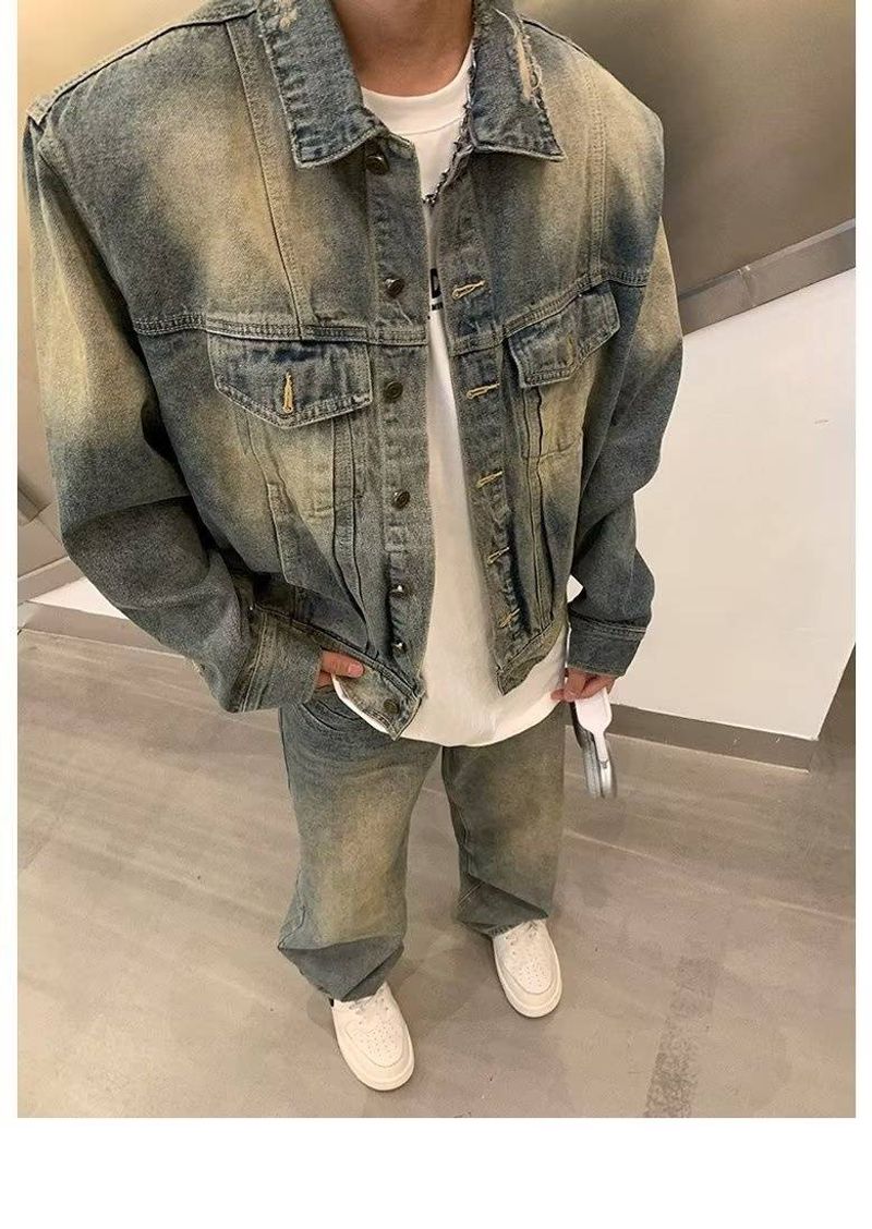 ​​Vintage Washed Denim Jacket Men's Oversized Streetwear Coat Distressed Casual Cotton Blend High Street Fashion​​_voghion.com