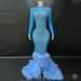 Handcrafted Royal Blue Crystal Feather Maxi Dress For Gala, Cocktail Party, Singers & Costume Events_voghion.com