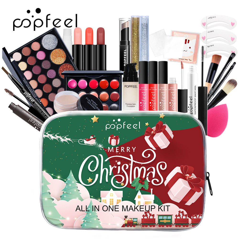 Weihnachts-Make-up-Set: Komplettes Gesichts-Make-up-Set mit Lidschatten, Lipgloss, Eyeliner, Schminkpinseln, Kosmetiktasche und Make-up-Produkten_voghion.com