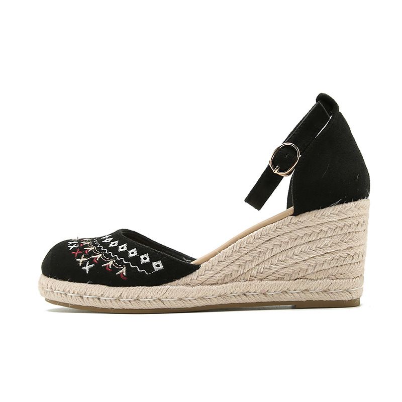 Keilsandalen für Damen, Seilkante, Schnalle, Muffin-Absatz, runde Zehenpartie, geschlossene Zehenpartie, Ethno-Stil_voghion.com