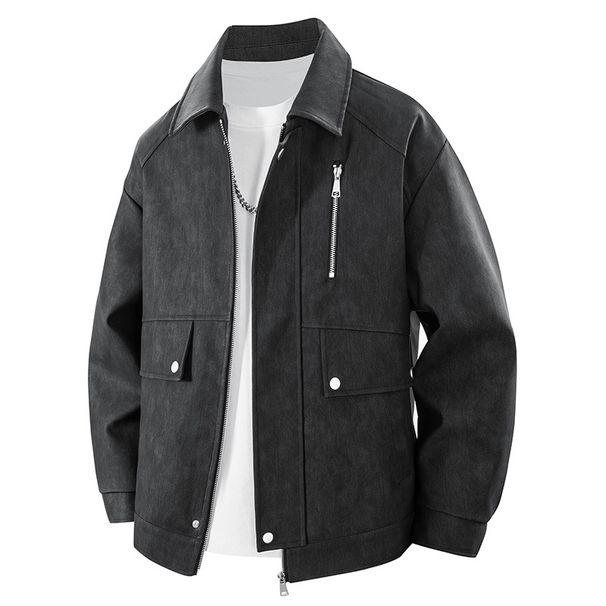 Giacca da motociclista ampia con cerniera e revers, stile retrò, stile americano, con motivo tie-dye, in similpelle, stile vintage, stile americano_voghion.com