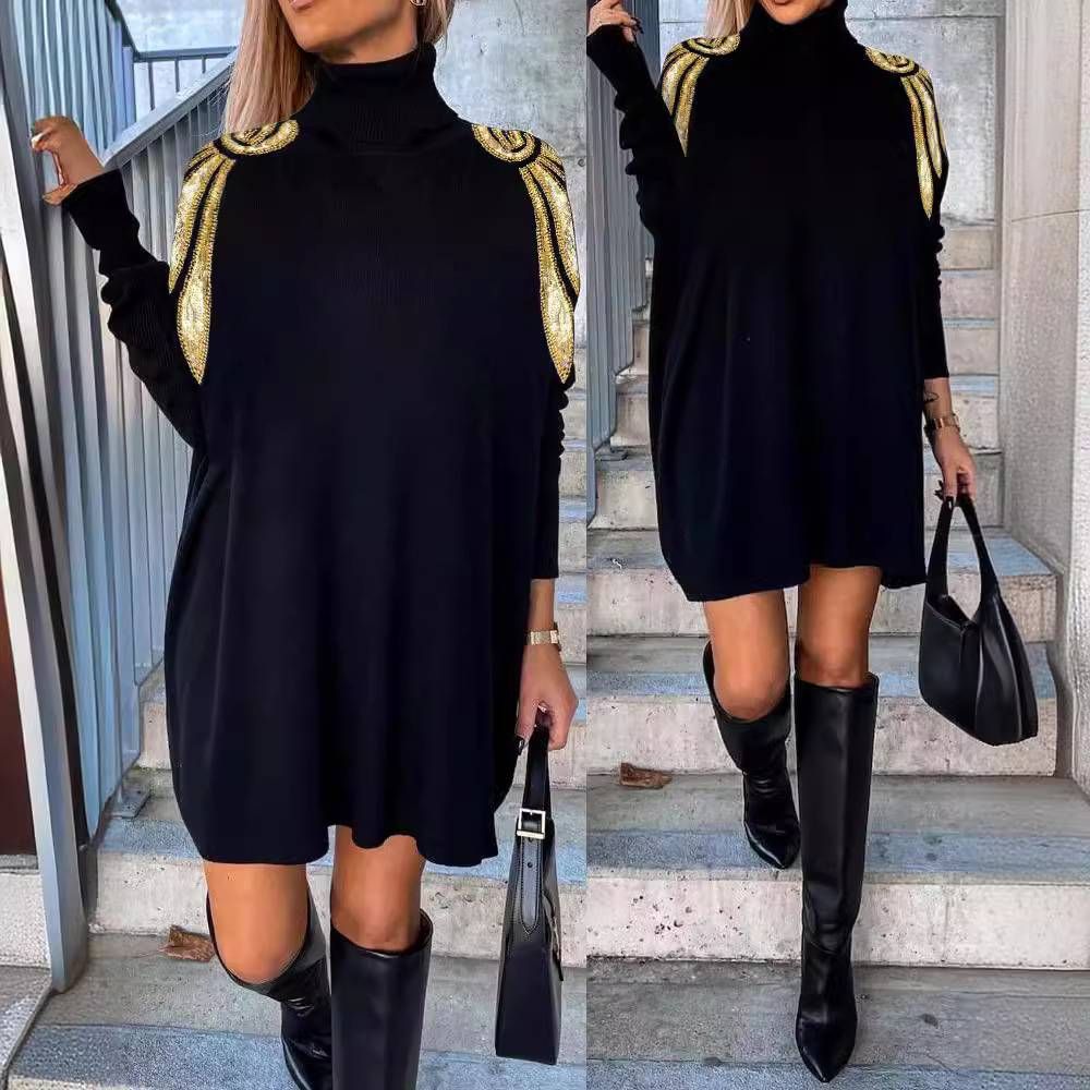 Conjunto de roupas femininas 2023, site independente, vestido suéter com gola alta e contas_voghion.com