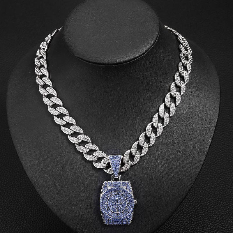 Colgante de reloj con diamantes azules originales estilo hip hop retro con personalidad de nicho, collar cubano versátil para hombre_voghion.com