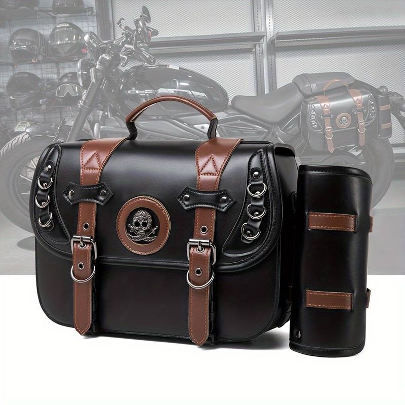 Black PU Leather Motorcycle Punk Saddlebag With Skull Emblem - Adjustable Straps/Buckles, Retro Harley Cruise Side Bag For Bikers. Edgy_voghion.com