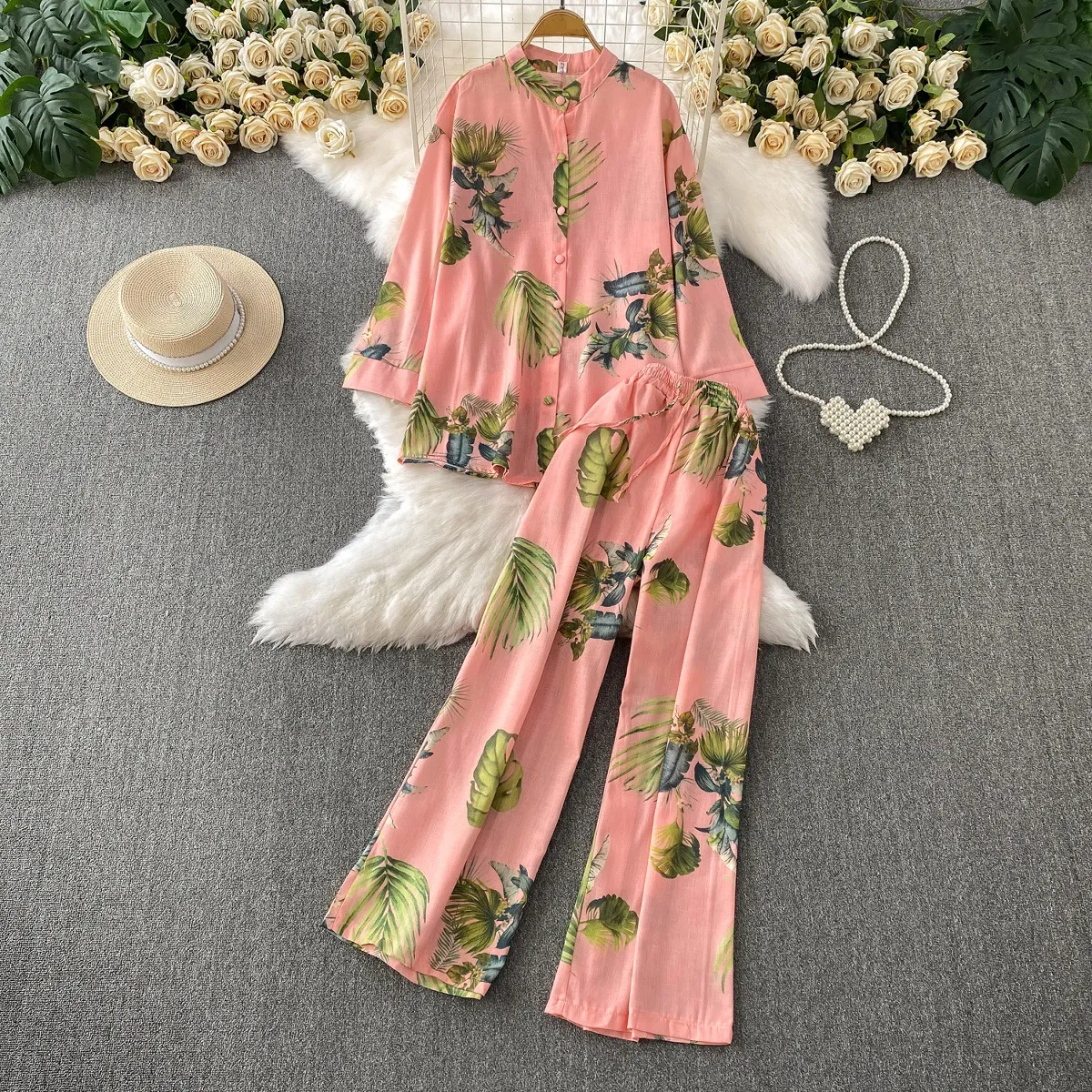Vêtements pour femmes rétro simple boutonnage col montant chemise à manches longues design veste imprimée costume deux pièces taille haute slim pantalon large_voghion.com