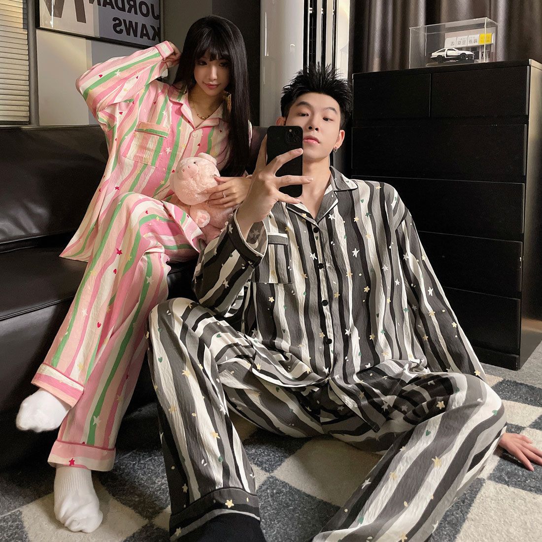 Med brystpude - 2024 Forår og efterår Nye pyjamas til kvinder med lange ærmer Casual Cloud Bomuld Par Kan Bruge_voghion.com